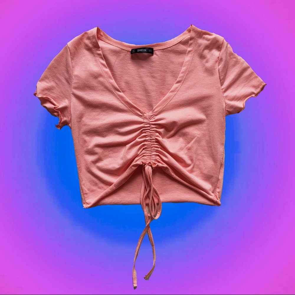 Pink Lettuce Trim Drawstring Crop Top